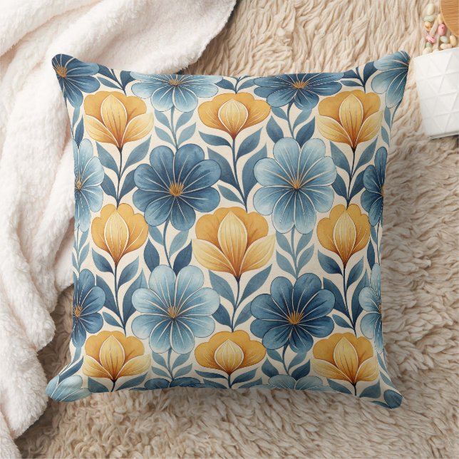 Blue & Gold Floral Throw Pillow Kussen (Deken)