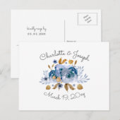 Blue Gold Floral Wedding Uitnodiging Briefkaart (Voorkant / Achterkant)
