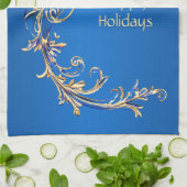 Blue Gold Flower Serviette de cuisine de vacances (Plié)