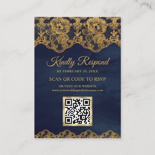 Blue Gold Foil Lace QR Code RSVP Weduwwebsite Informatiekaartje (Voorkant)