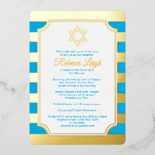 Blue, Gold Foil Striped Star Bat Mitzvah Invite Folie Uitnodiging