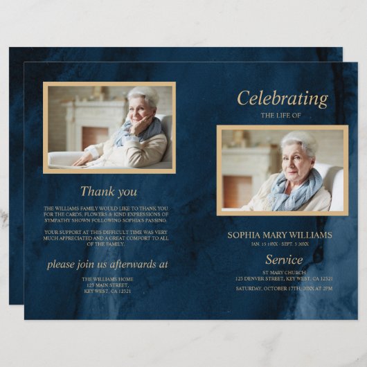 Blue & Gold Funeral Program | Dienstenvolgorde (Voorkant / Achterkant)