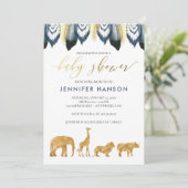 Blue Gold Glam Baby shower Safari Invitation (Debout devant)