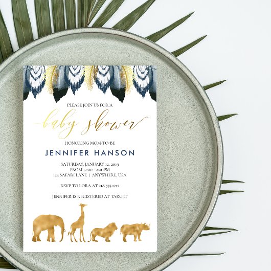 Blue Gold Glam Baby shower Safari Invitation