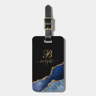 Blue Gold Glitter Agaat Geode Monogram Notitieboek Bagagelabel
