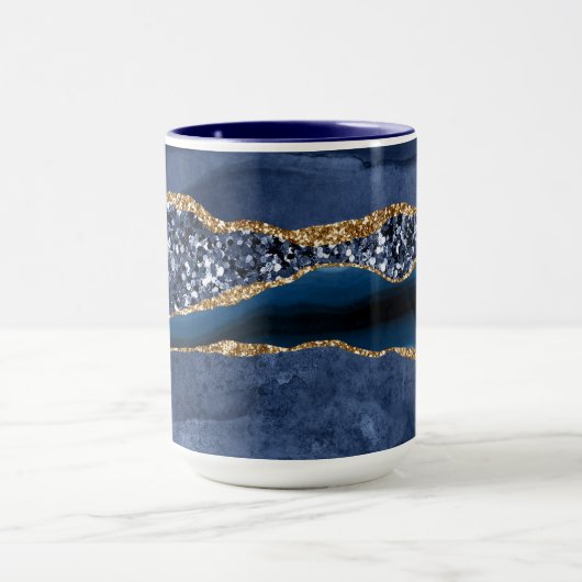 Blue Gold Glitter Agate Marble Elegant Modern Mok (Midden)