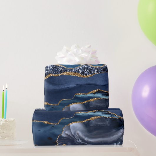 Blue Gold Glitter Agate Marble Trendy Chic Cadeaupapier (Feestgeschenken)