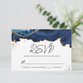 Blue Gold Glitter Agate Stone Wedding RSVP Card (Staand voorkant)