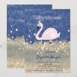 Blue, Gold Glitter Bokeh, Swan Baby shower Kaart