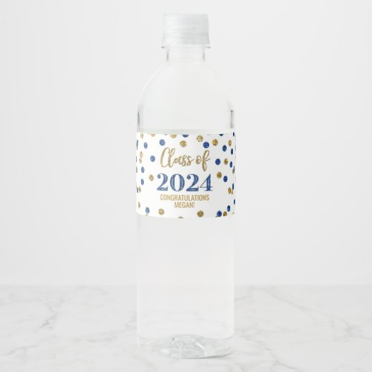 Blue Gold Glitter Confetti Afstuderen Waterfles Etiket (Voorkant)