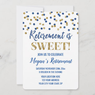 Blue Gold Glitter Confetti Retirement Party Kaart