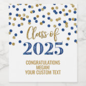 Blue Gold Glitter Klasse van 2025 Afstuderen Wijn Etiket (Enkel label)