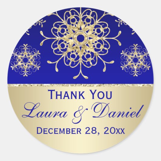 Blue, Gold Glitter LOOK Snowflake Wedding Sticker (Voorkant)