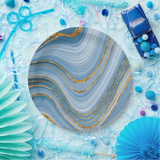 Blue Gold Glitter Marble Elegant Abstract Papieren Bordje (Feest)