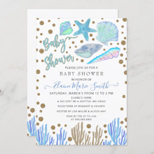 Blue Gold Glitter Seashells Zee Beach Baby shower Kaart