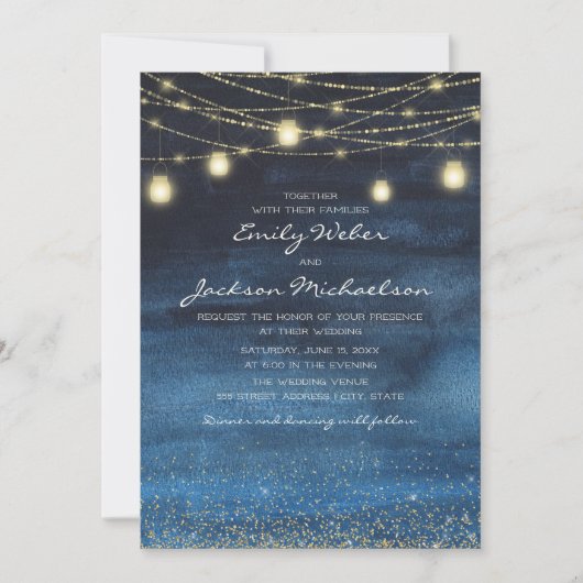 Blue Gold Glitter String Light Lantern Wedding Kaart (Voorkant)