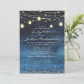 Blue Gold Glitter String Light Lantern Wedding Kaart (Staand voorkant)