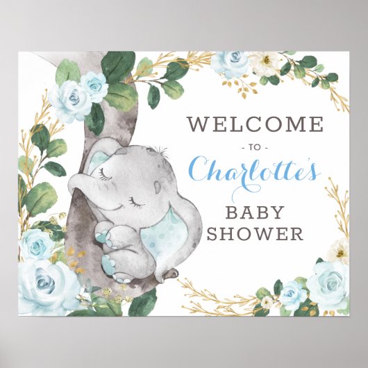 Blue Gold Greenery Elephant Wild One Baby Welcome Poster (Voorkant)