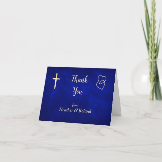 Blue Gold Hearts Christian Cross Mariage Merci (Devant)
