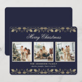 Blue Gold Holly Berries 3 Photo Carte de Noël (Devant / Derrière)