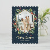 Blue Gold Holly Wreath Photo Joyeuse carte de Noël (Debout devant)