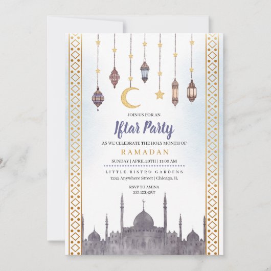 Blue Gold Iftar Party Ramadan Dîner Invitation (Devant)