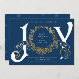 Blue Gold Joy Peace Love Carte de Noël personnalis