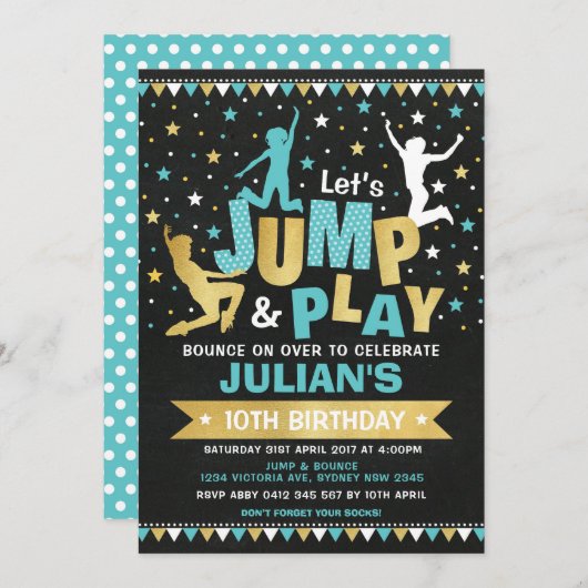 Blue Gold Jump & Bounce Trampoline Verjaardagsfees Kaart (Voorkant / Achterkant)