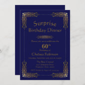 Blue Gold Lace Surprise 60th Birthday Dinner Kaart (Voorkant / Achterkant)