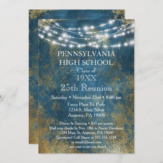Blue Gold Lights classe école Réunion Invitation (Devant / Derrière)