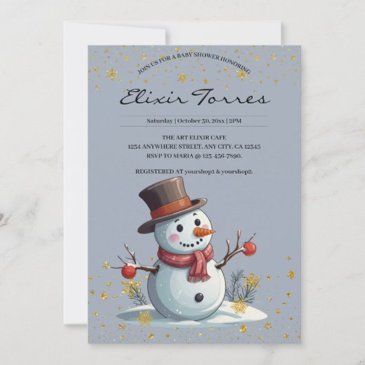 Blue & Gold Little Snowflakes Snowman Baby shower Kaart (Voorkant)