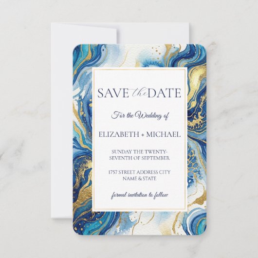 Blue Gold Marble  Elegant Wedding Save the Date (Devant)