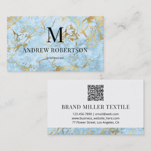 Blue Gold Marble Stone QR Code Visitekaartje (Voorkant / Achterkant)