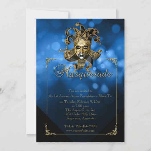 Blue Gold Masquerade Mardi Gras Ball Uitnodiging (Voorkant)