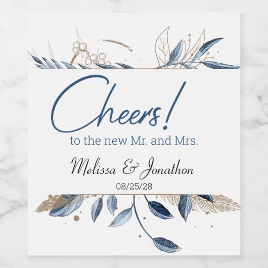 Blue Gold Modern Floral Elegant Wedding Wijn Etiket (Enkel label)