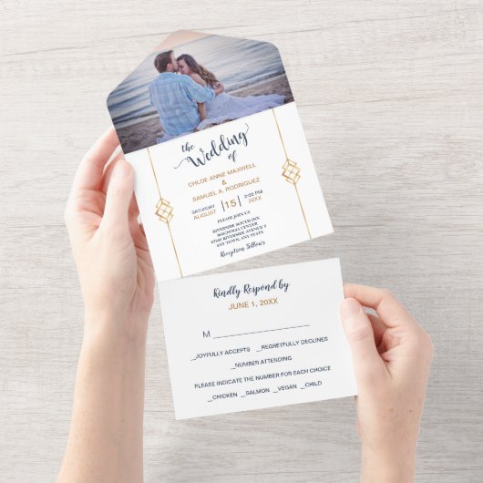 Blue Gold Modern Foto All In One Uitnodiging (Afscheurbaar)