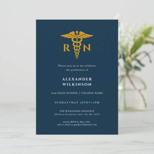 Blue Gold Modern Nurse School Afstuderen Kaart (Staand voorkant)