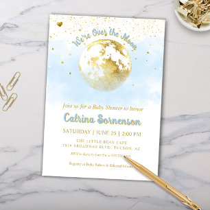 Blue Gold Moon and Stars Celestial Baby shower Kaart