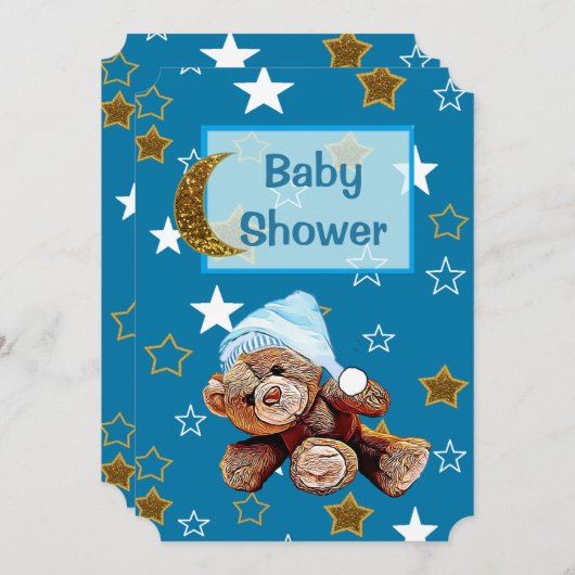 Blue & Gold Moon & Stars Baby shower Kaart (Voorkant / Achterkant)