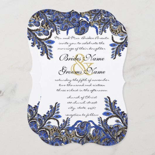 Blue & Gold Paisley Mariage damassé Invitation (Devant / Derrière)