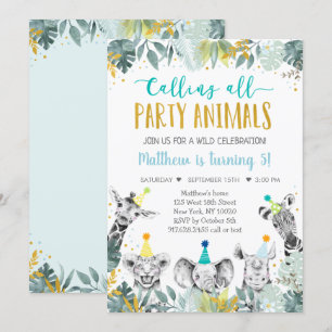 Blue Gold Party Animal Safari Birthday Kaart