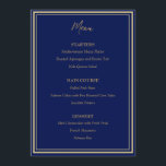 Blue Gold Peacock Art Nouveau Mariage plat Menu<br><div class="desc">Vous apprécierez cet élégant menu mariage de style Art Nouveau qui propose un paon doré sur un arrière - plan bleu profond. Le texte est en or pour décaler l'arrière - plan bleu. La couleur or n'est pas du papier peint, mais un pigment riche de couleur or et le charmant...</div>