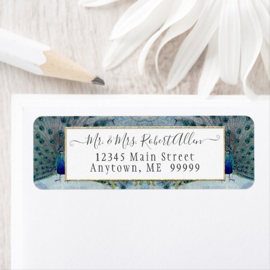 Blue Gold Peacock Elegant Script Wedding Etiket (Insitu)