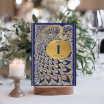 Blue Gold Peacock Mariage indien Numéro de table<br><div class="desc">Dégustez vos invités avec cet élégant numéro de table d'accueil Mariage indien avec un paon doré complexe sur un arrière - plan bleu profond. Le texte est en bleu pour décaler l'arrière - plan or. La couleur or n'est pas du papier peint, mais un pigment riche de couleur or et...</div>