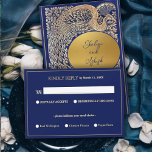 Blue Gold Peacock mariage indien RSVP<br><div class="desc">Dégustez vos invités avec cette carte de réponse RSVP de mariage indien élégante, avec un paon doré complexe sur un arrière - plan bleu profond. Le texte est en bleu pour décaler l'arrière - plan or. La couleur or n'est pas du papier peint, mais un pigment riche de couleur or...</div>