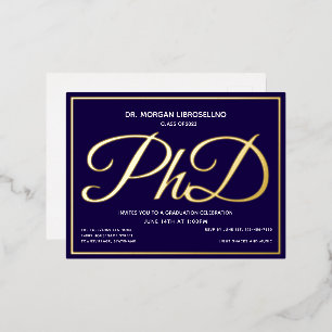 Blue Gold PhD-Afstuderen Folie Uitnodiging Briefkaart