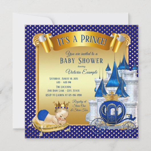 Blue Gold Prince Baby Shower Invitations (Devant)