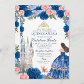 Blue Gold Princess Castle Quinceañera Invitation (Devant / Derrière)