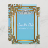 Blue & Gold Prinsessen Kroon Tiara Save the Date Aankondigingskaart (Voorkant / Achterkant)