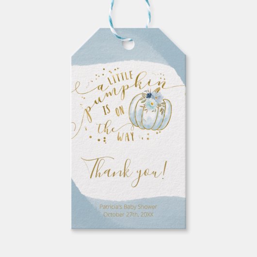 Blue Gold Pumpkin Herfst Baby shower Hartelijk dan Cadeaulabel (Voorkant)